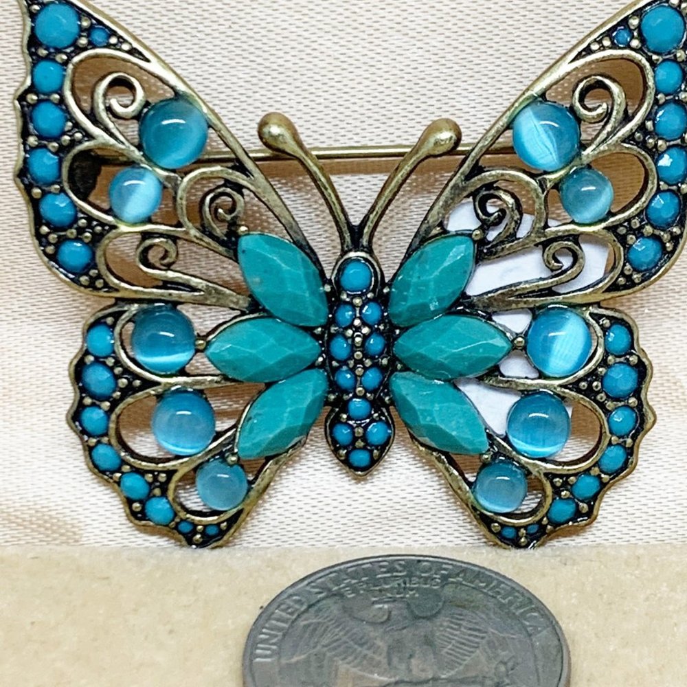 Butterfly Brooch Aqua Moonstone Faux Turquoise Antiqued old Tone, Signed